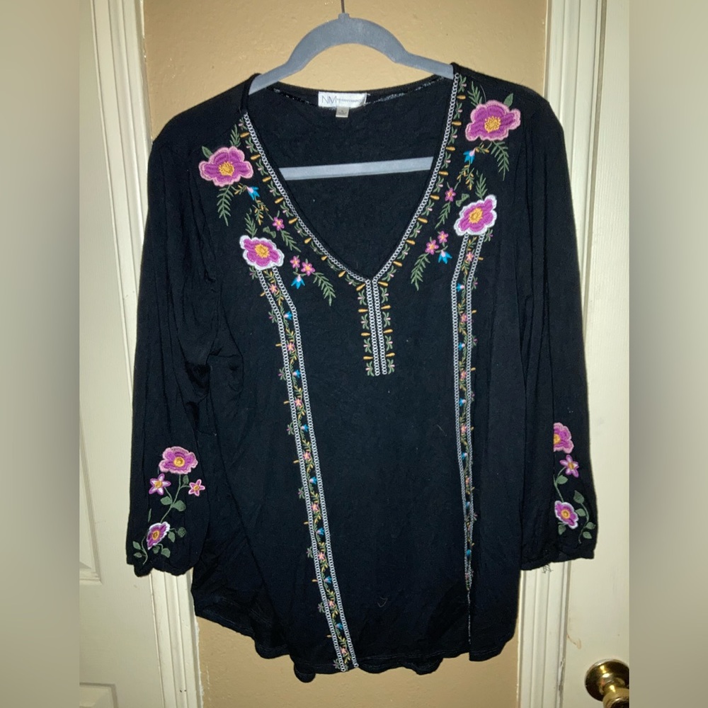 Neiman Marcus embroidered flowered shirt